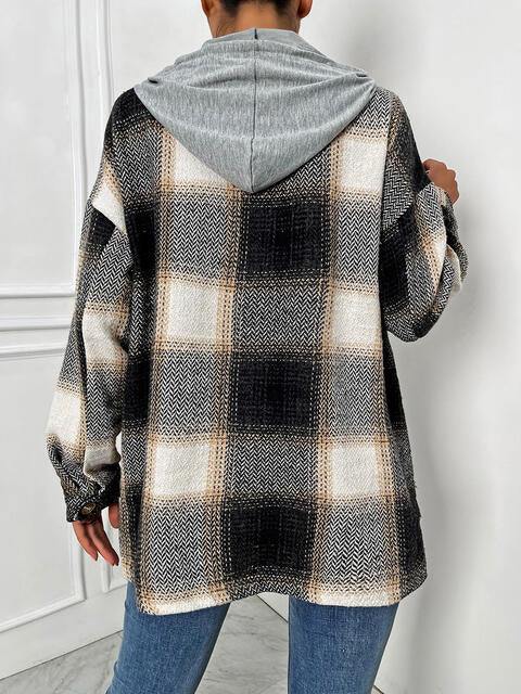 Plaid Drawstring Hooded Jacket - Trendsi
