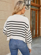 Round Neck Striped Lantern Sleeve Sweater - Trendsi - Flyclothing LLC