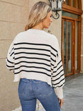 Round Neck Striped Lantern Sleeve Sweater - Trendsi