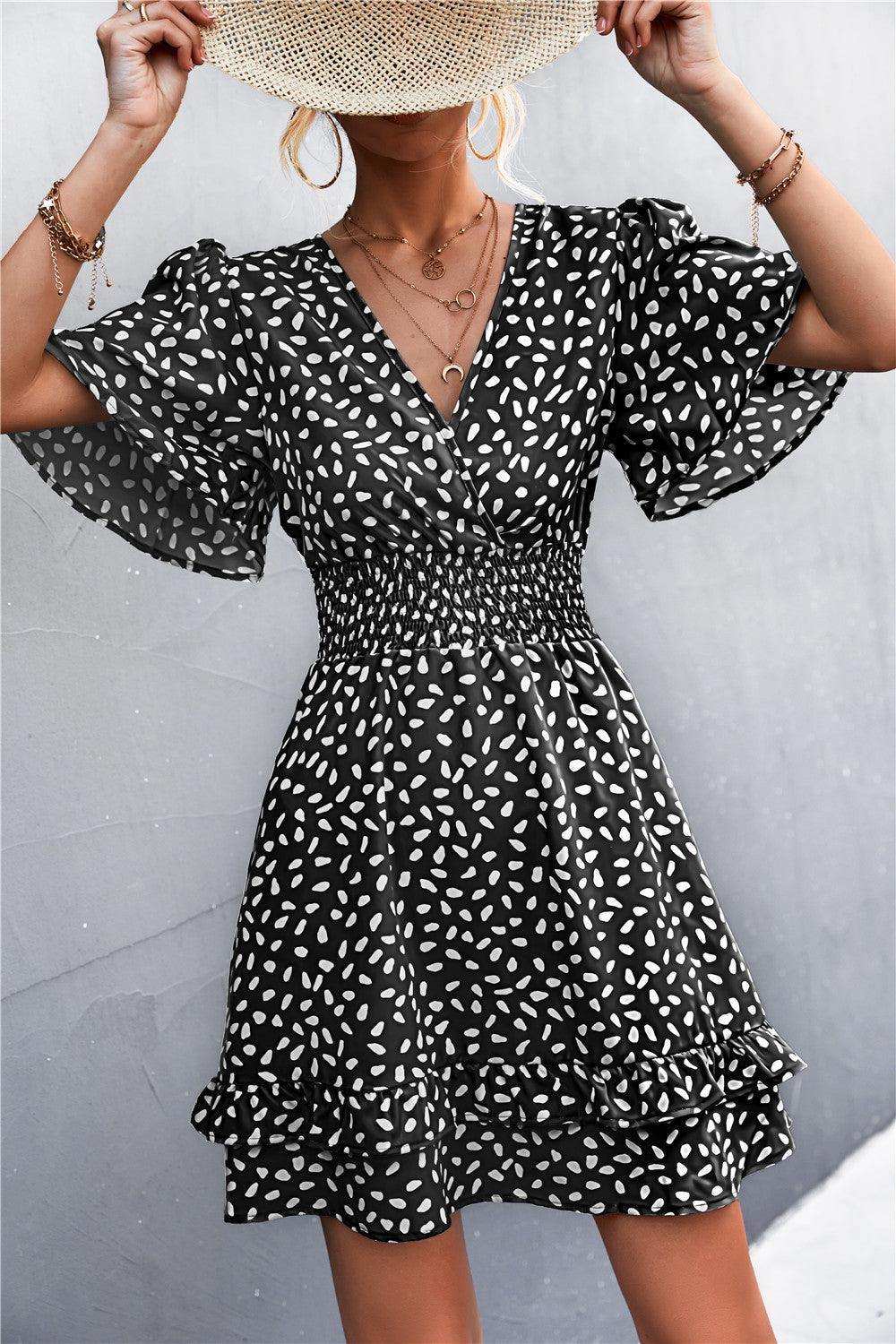 Printed Smocked Waist Layered Surplice Dress - Trendsi - Flyclothing LLC