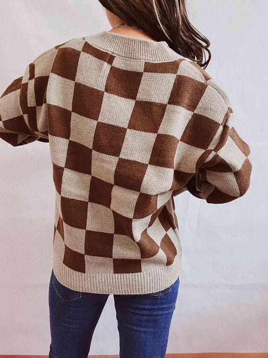 Checkered Open Front Button Up Cardigan - Trendsi