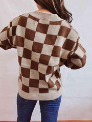 Checkered Open Front Button Up Cardigan - Trendsi