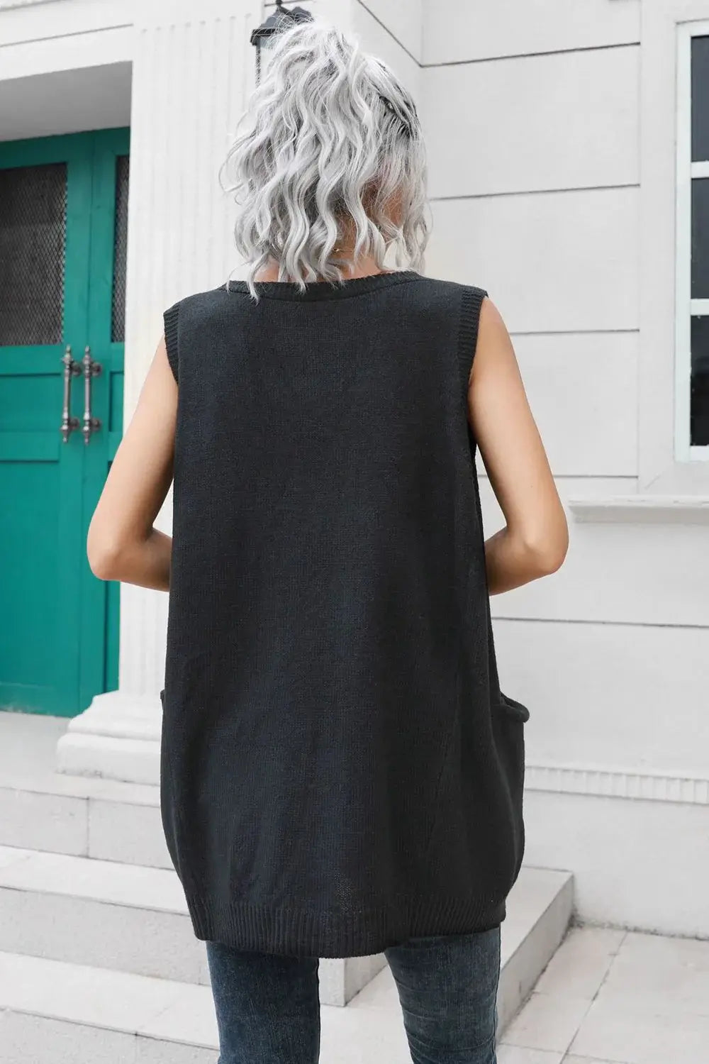 V-Neck Sleeveless Sweater Vest with Pocket - Trendsi - Flyclothing LLC
