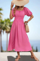 Square Neck Smocked Waist Puff Sleeve Midi Dress - Trendsi - Flyclothing LLC