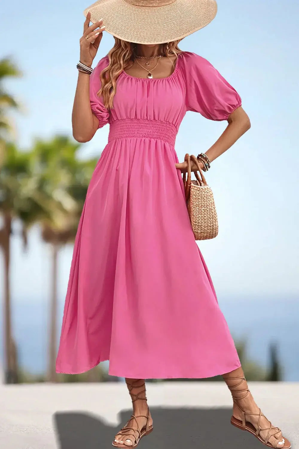 Square Neck Smocked Waist Puff Sleeve Midi Dress - Trendsi - Flyclothing LLC