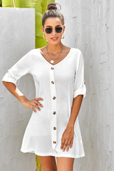 Buttoned V-Neck Dress - Trendsi