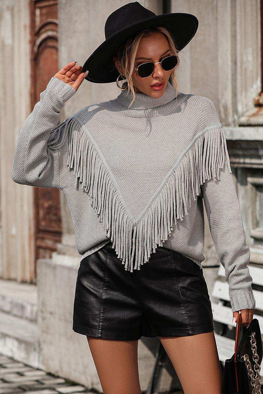 Turtle Neck Tassel Front Long Sleeve Pullover Sweater - Trendsi - Flyclothing LLC