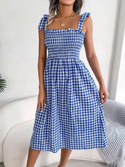 Frill Plaid Square Neck Midi Dress - Trendsi