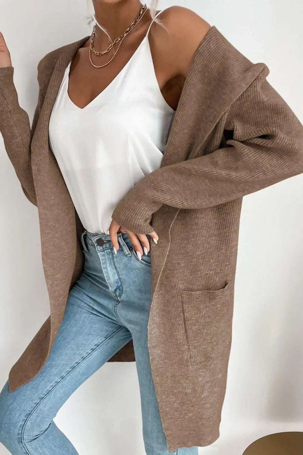 Ribbed Open Front Hooded Cardigan with Pockets - Trendsi - Flyclothing LLC