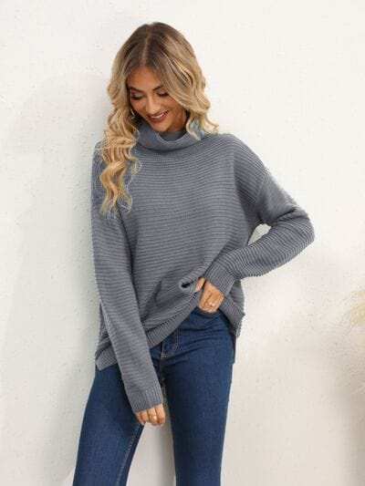 Slit Turtleneck Dropped Shoulder Sweater - Trendsi - Flyclothing LLC