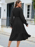 Swiss Dot V-Neck Smocked Lantern Sleeve Ruffle Hem Dress - Trendsi - Flyclothing LLC