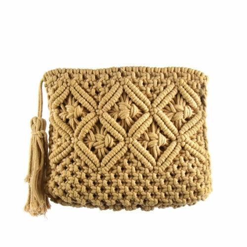 Macrame Clutch with Tassel, Tan - Flyclothing LLC