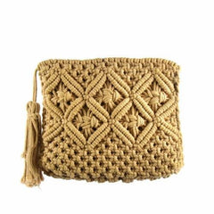 Macrame Clutch with Tassel, Tan - Beaurer Creations