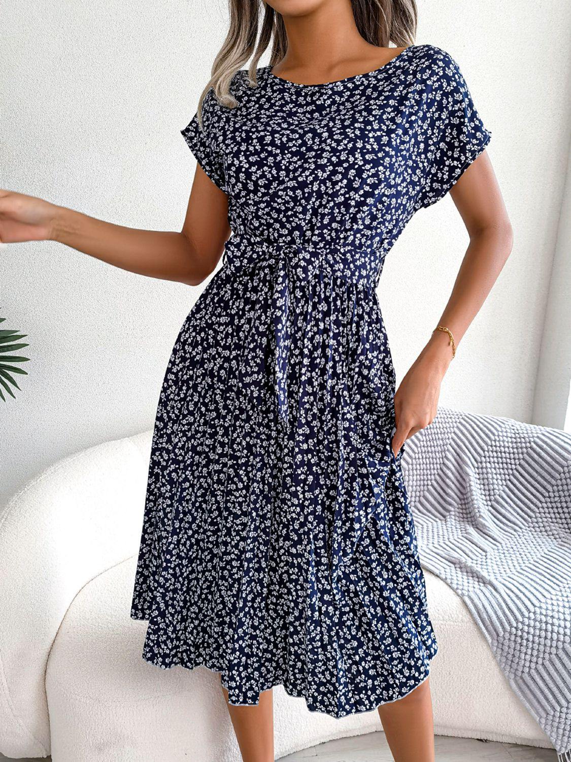 Ditsy Floral Pleated Belted Dress - Trendsi