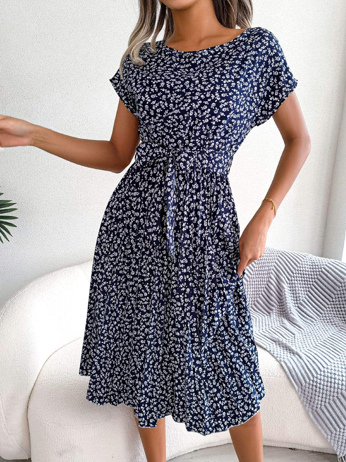 Ditsy Floral Pleated Belted Dress - Trendsi - Flyclothing LLC