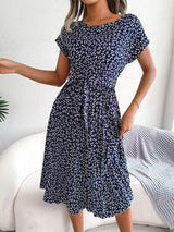 Ditsy Floral Pleated Belted Dress - Trendsi - Flyclothing LLC