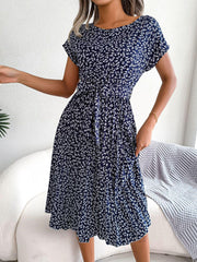 Ditsy Floral Pleated Belted Dress - Trendsi