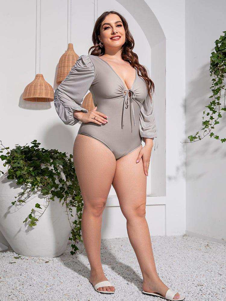 Plus Size Tied Deep V Balloon Sleeve One-Piece Swimsuit - Trendsi - Flyclothing LLC