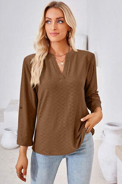 Notched Roll-Tab Sleeve T-Shirt - Trendsi - Flyclothing LLC