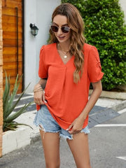 Ruched Short Sleeve V-Neck Blouse - Trendsi