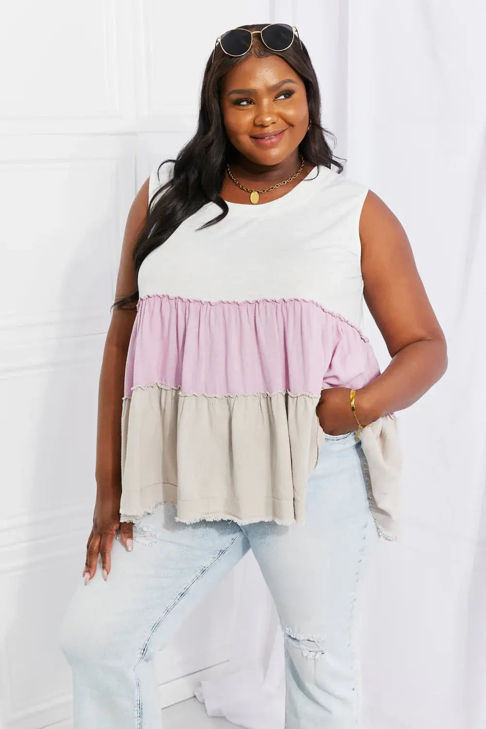 White Birch Full Size Watching the Sunset Color Block Babydoll Top - Trendsi - Flyclothing LLC