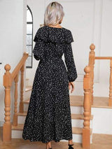 Polka Dot Tie Front Long Sleeve Slit Dress - Trendsi - Flyclothing LLC