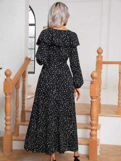 Polka Dot Tie Front Long Sleeve Slit Dress - Trendsi - Flyclothing LLC