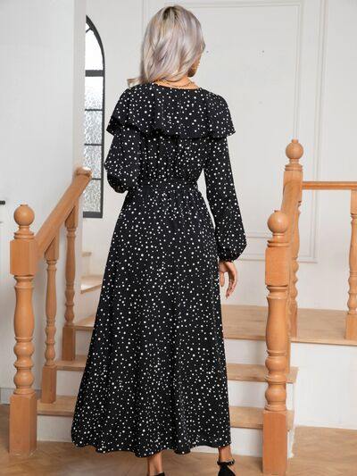 Polka Dot Tie Front Long Sleeve Slit Dress - Trendsi