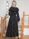 Polka Dot Tie Front Long Sleeve Slit Dress - Trendsi - Flyclothing LLC