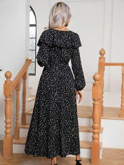 Polka Dot Tie Front Long Sleeve Slit Dress - Trendsi