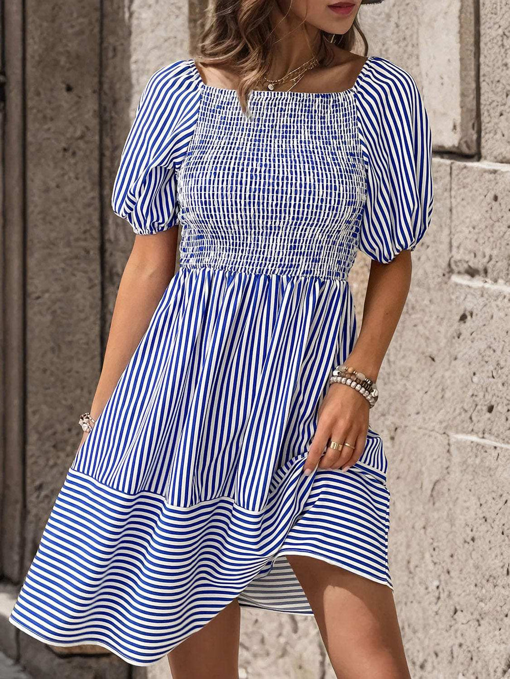 Smocked Striped Balloon Sleeve Mini Dress - Trendsi - Flyclothing LLC