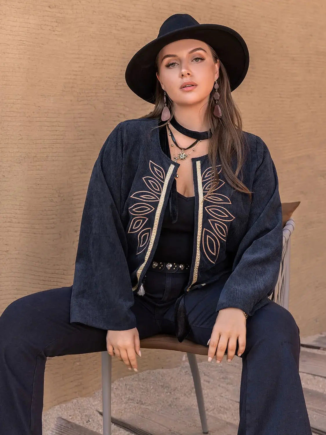 Plus Size Embroidered Open Front Jacket - Trendsi - Flyclothing LLC