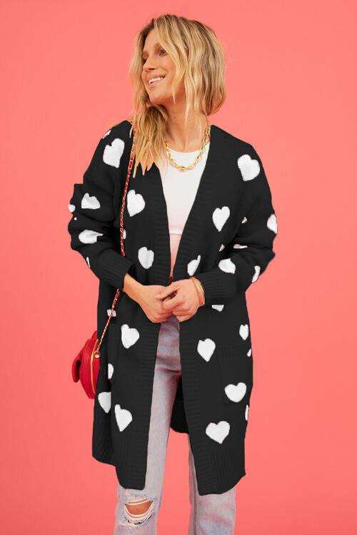 Heart Graphic Open Front Cardigan with Pockets - Trendsi - Flyclothing LLC