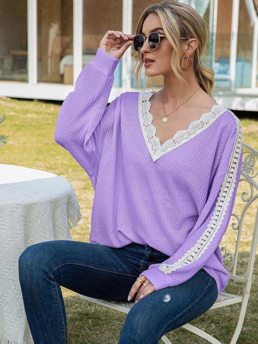 Contrast Spliced Lace V-Neck Top - Trendsi - Flyclothing LLC