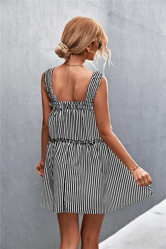 Striped Frill Trim Square Neck Dress - Trendsi - Flyclothing LLC