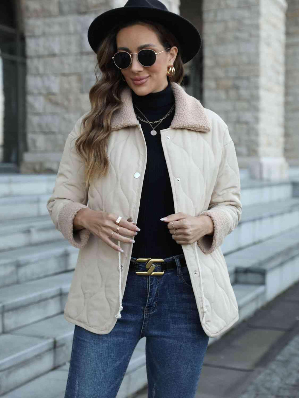 Snap Down Collared Jacket - Trendsi