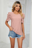Eyelet Puff Sleeve Round Neck Blouse - Trendsi - Flyclothing LLC