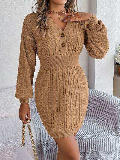 Buttoned Cable-Knit V-Neck Sweater Dress - Trendsi - Flyclothing LLC