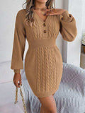 Buttoned Cable-Knit V-Neck Sweater Dress - Trendsi - Flyclothing LLC