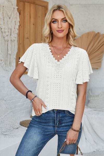 Eyelet Applique V-Neck Cap Sleeve T-Shirt - Trendsi - Flyclothing LLC