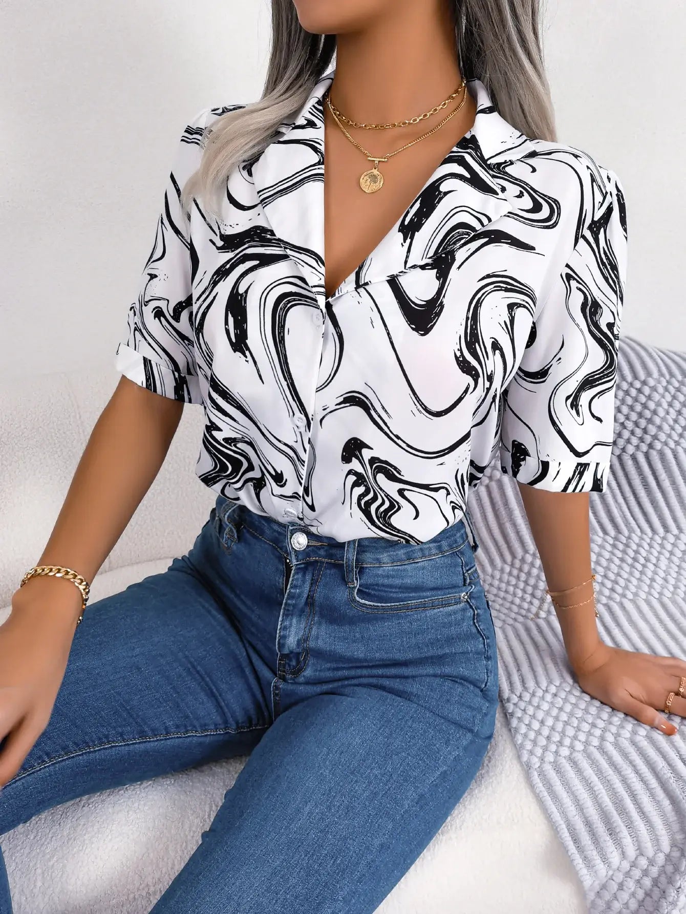 Printed Lapel Collar Shirt - Trendsi - Flyclothing LLC