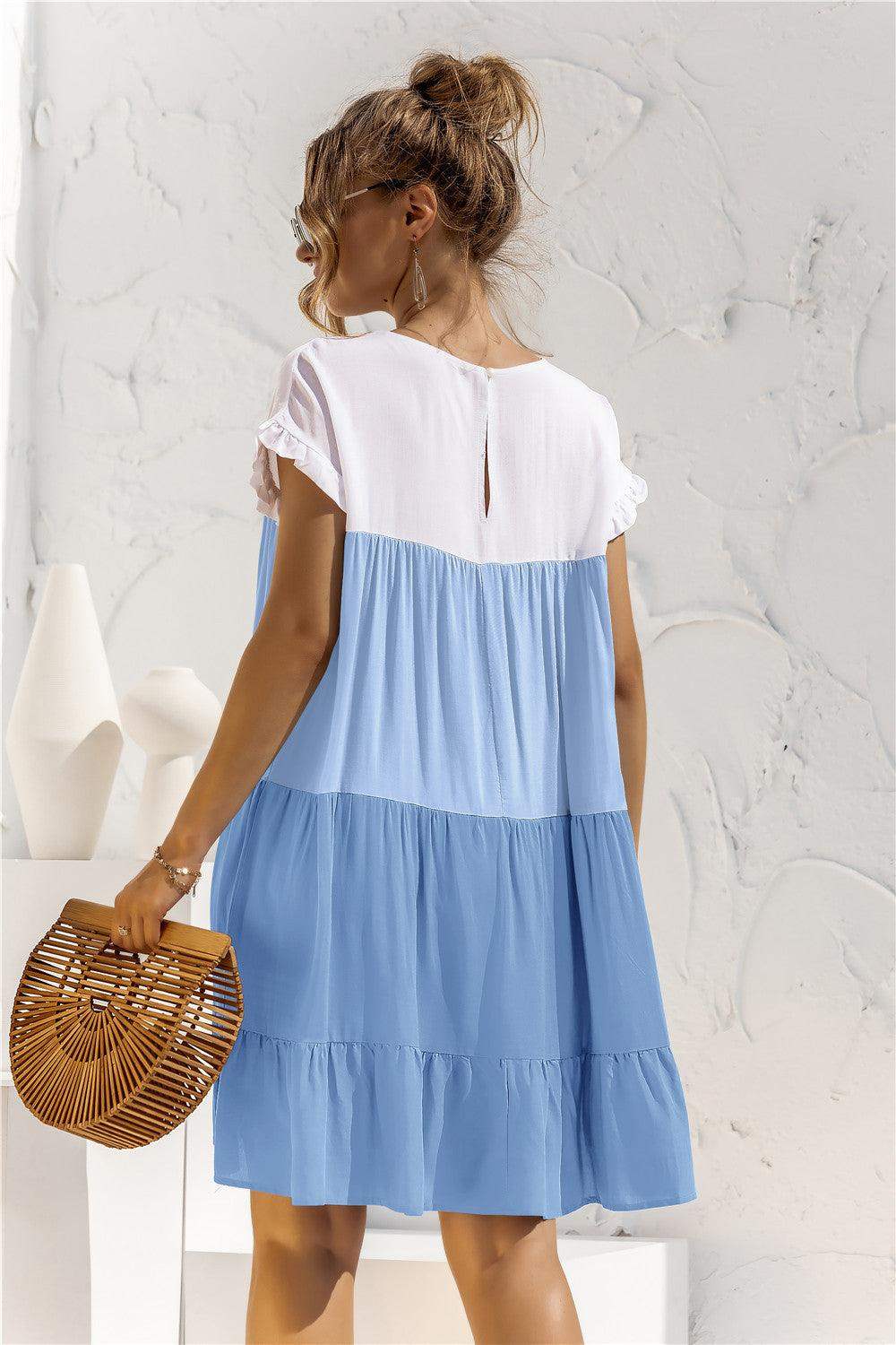 Color Block Round Neck Ruffle Hem Dress - Trendsi - Flyclothing LLC