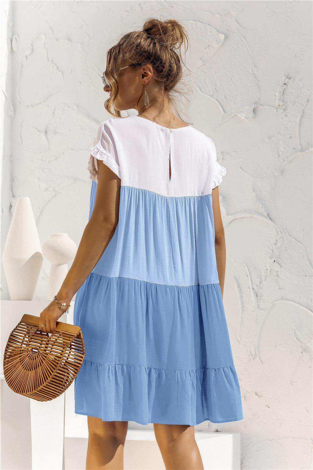 Color Block Round Neck Ruffle Hem Dress - Trendsi - Flyclothing LLC