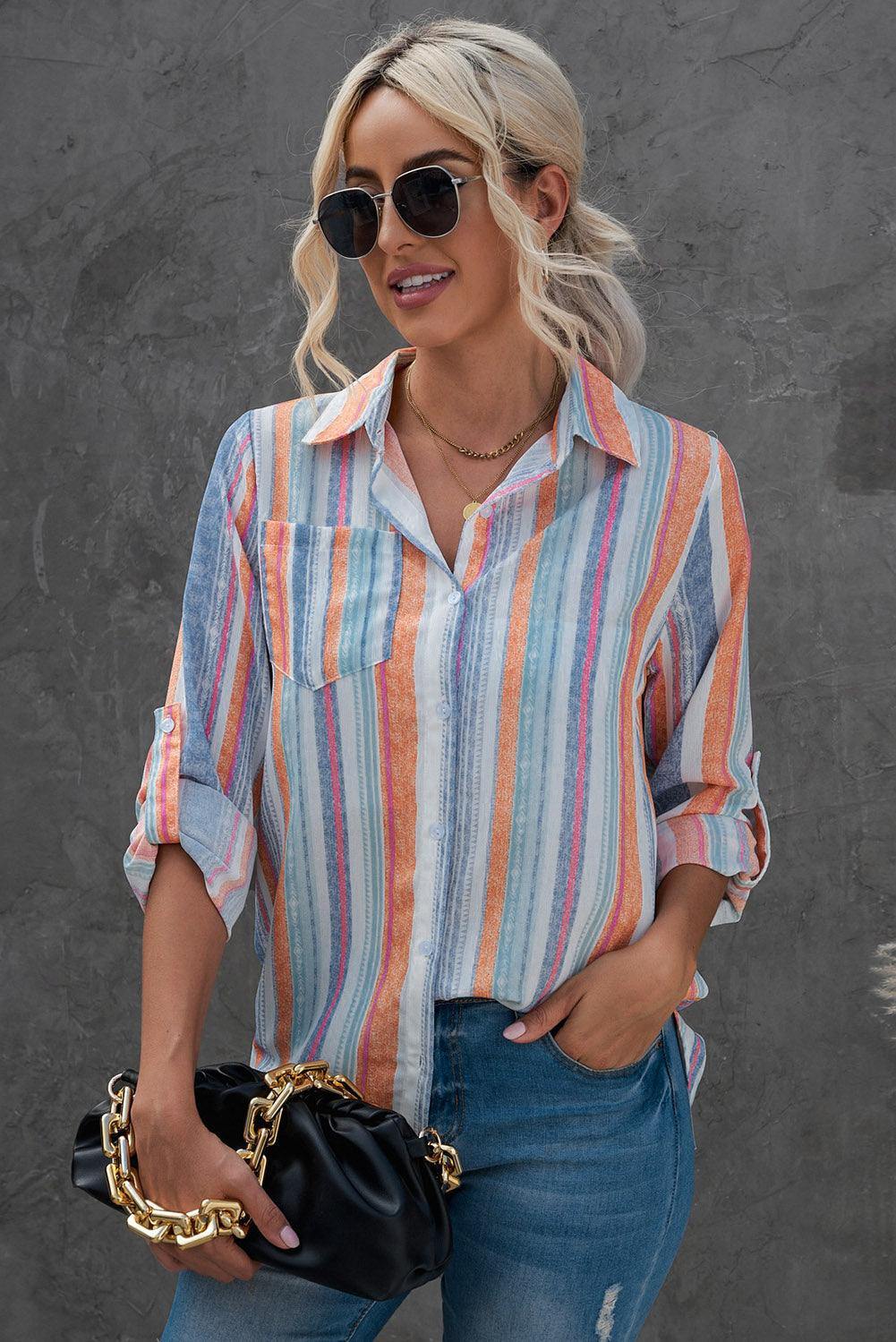 Striped Button-Up Curved Hem Shirt with Breast Pocket - Flyclothing LLC