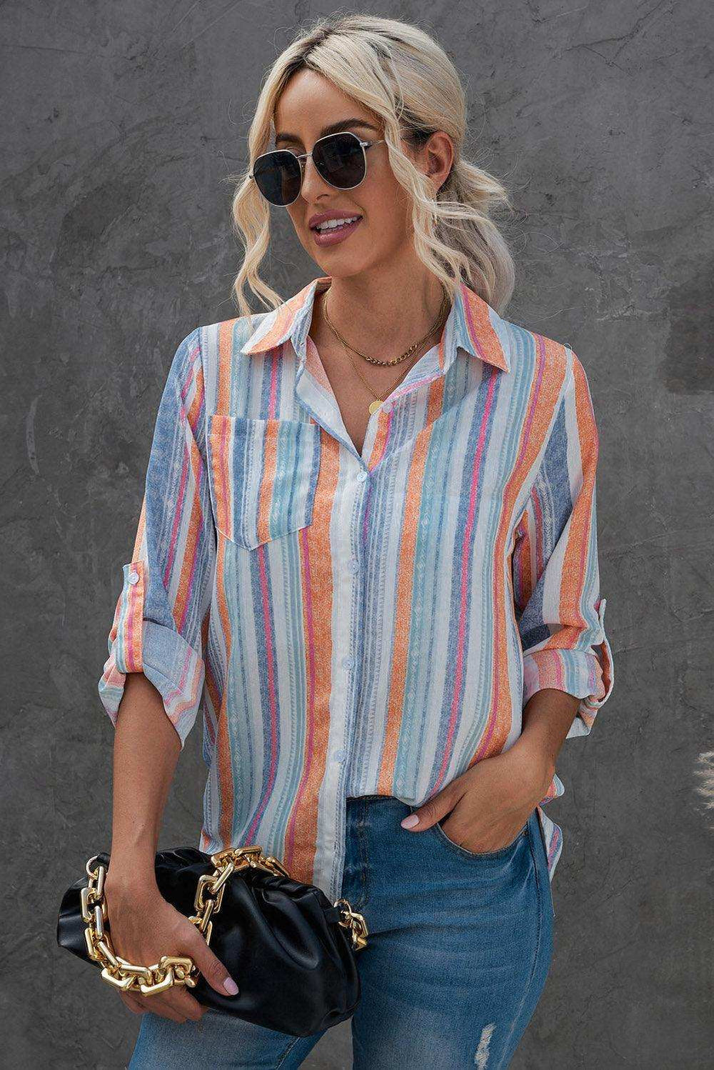 Striped Button-Up Curved Hem Shirt with Breast Pocket - Trendsi - Flyclothing LLC