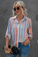 Striped Button-Up Curved Hem Shirt with Breast Pocket - Flyclothing LLC