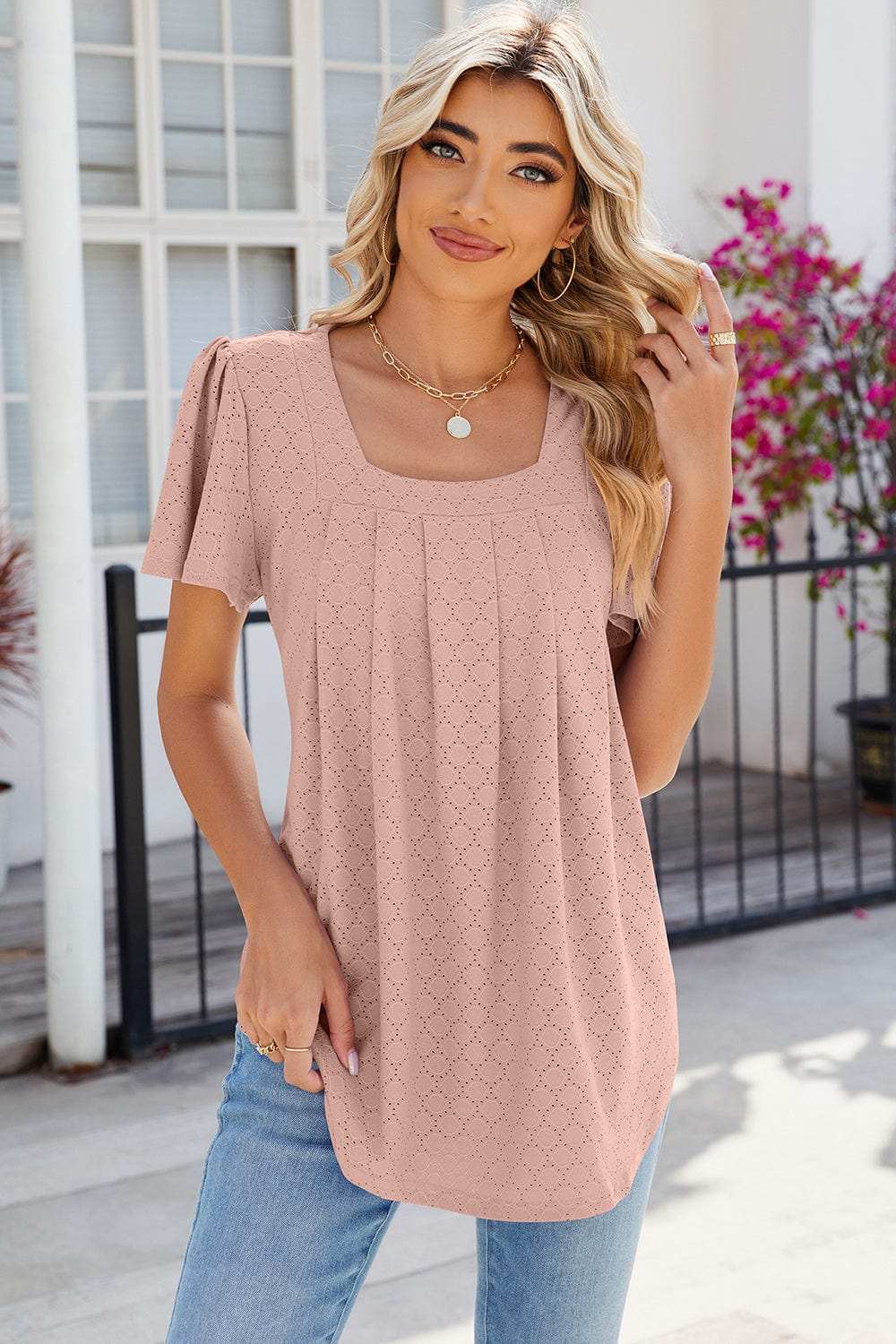 Eyelet Square Neck Flutter Sleeve Blouse - Trendsi - Flyclothing LLC