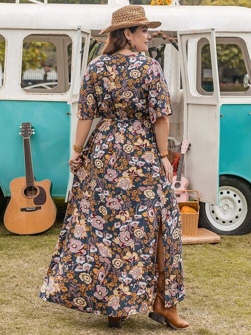 Floral V-Neck Short Sleeve Slit Dress - Trendsi - Flyclothing LLC