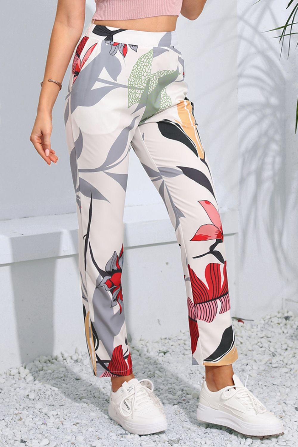 Floral Print Cropped Pants with Pockets - Trendsi