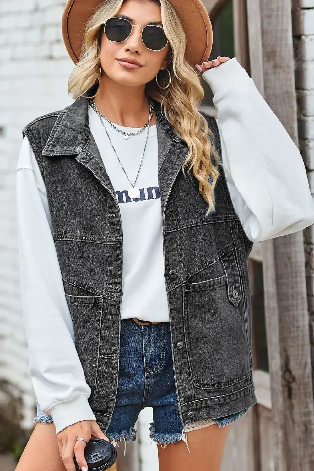 Sleeveless Denim Top with A Detachable Hood - Trendsi - Flyclothing LLC